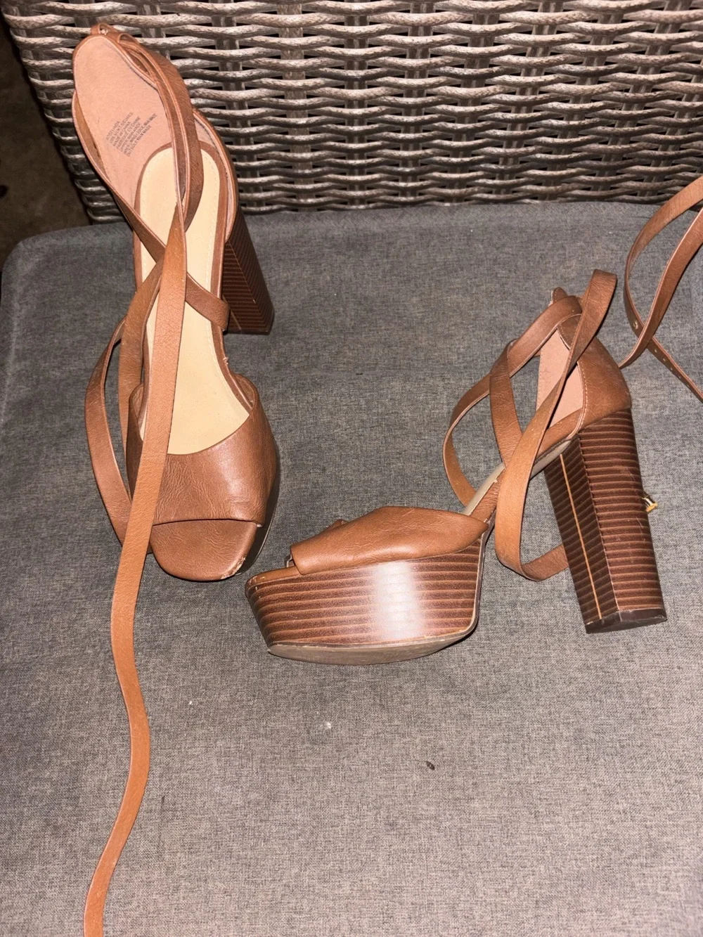 Shoe Dazzle Brown Strappy Platform Heels with Wraparound Ankle Tie